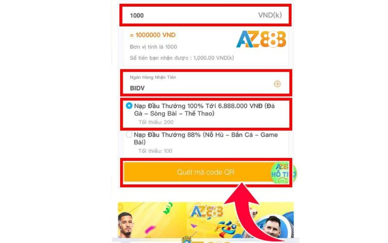 Điền thông tin số tiền nạp và quét mã code QR