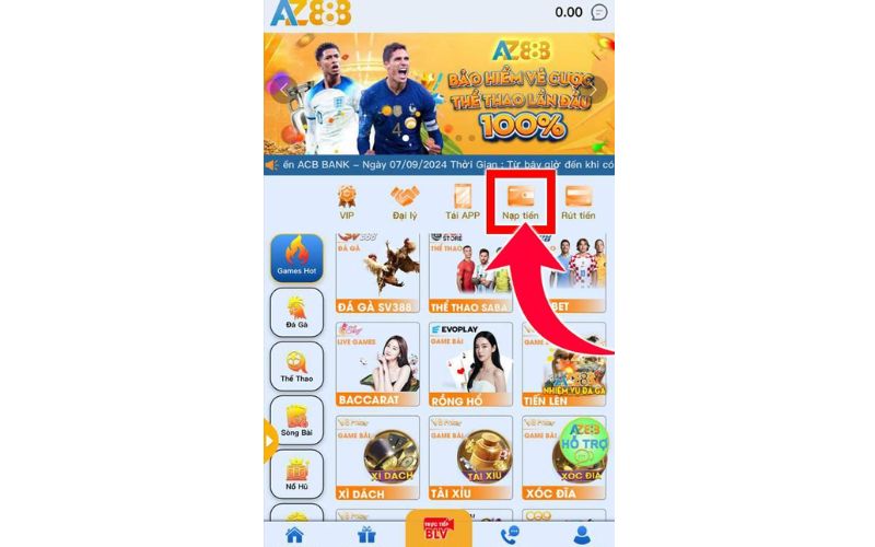 Truy cập trang chủ AZ888 bấm nạp tiền
