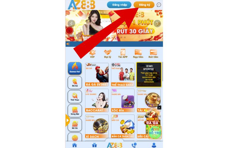 Truy cập trang chủ chính thức của AZ888 và bấm đăng ký