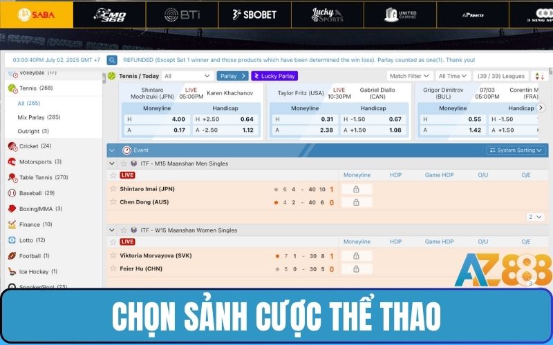 Chọn sảnh thể thao để đặt cược tennis